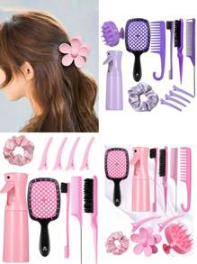 12pcs/Fashion Boys And Girls Dry And Wet Combs Set, Scalp Massage Combs, Pointed Tail Combs, Mouse Tail Combs, Side Brushes, Hair Brushes, Hairpins, Flower Clips, Hair Rings, Hair Loops, Wide Tooth Combs, Double Hair Combs, Brushes, Eyebrow Pens