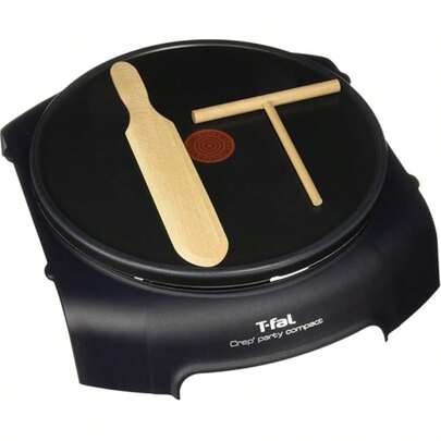 Crepera eléctrica T-fal con antiadherente Crep'party Compact negra con Thermo-Spot, incluye esparcidor de masa y espátula de madera, PY301072