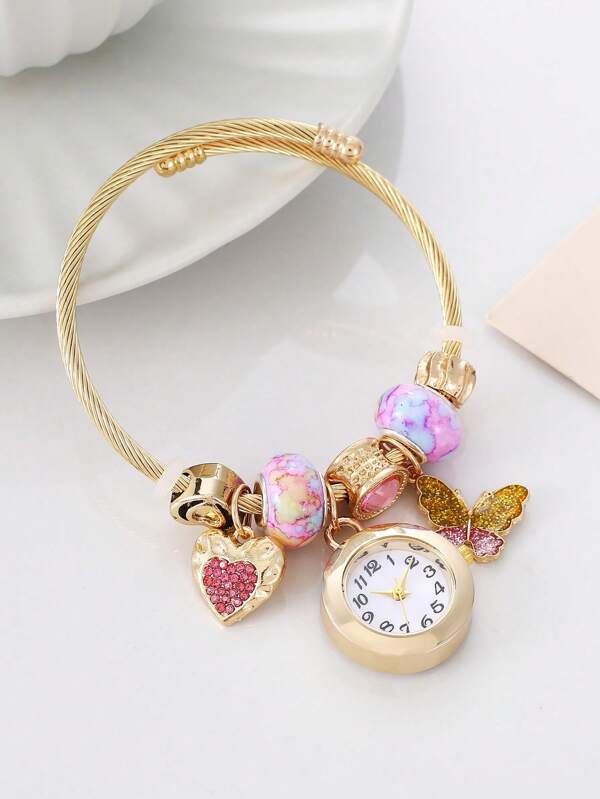 Adjustable Gold Color Metal Bracelet Watch With Beads & Flower Charm Quartz Watch