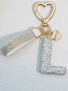 1pc Soft Pottery Pink Letter Rhinestones Keychain, Cute & Personalized Bag Charm, Car Key Chain, Heart Decor Gift For Mom, Friend, Valentine's Day School - White - View 3