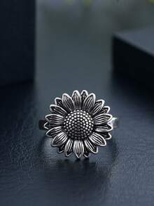 1 buah Cincin Wanita Desain Bunga Matahari Vintage Minimalis, Cocok untuk Pemakaian Sehari-hari - Antique Silver - View 3