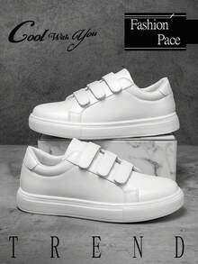 男士时尚简约纯白色低帮魔术贴休闲运动鞋，日常轻便舒适时尚情侣运动平底鞋 - 白色 - 查看 5