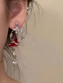 1 对优雅紫色蝴蝶长流苏耳环，适合日常佩戴 - 紅白色 - 查看 4