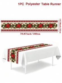 1pc Merry Christmas Table Runner, 180*35cm Polyester Tablecloth With Red Flower Pattern, Christmas Decoration, Home Christmas Decor, Christmas Ornament, Kitchen Decor, Dining Table Decor, Desktop Decor - Multicolor - View 5