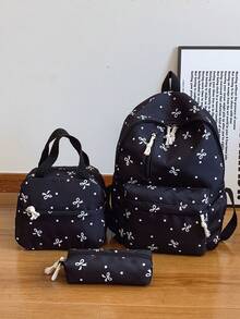 3 Pcs Fashionable Preppy Bow Print Backpack Set,Backpack&Lunch Bag&Pencil Case,With Laptop Compartment Bookbag,Adjustable Strap Bookbag Set,Multi Pockets High-Capacity School Bag Set Multifunctional Daypack Set Idea For Girls/Teens/College Students/Graduate/Graduate For Daily Use/Vacation/Travel/Back To School
