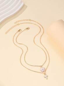 2 Pcs/Set Exquisite Fashion Five-Petal & Cross Pendant Necklace For Women,Cute Charm Summer Clavicle Necklace Sweet Cute Street Accessory Gift For Daily Life - Multicolor - View 5