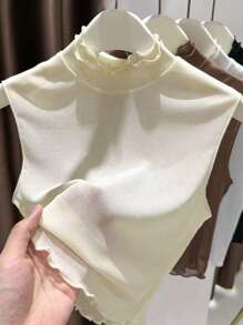 1pc Women's Slim Fit Sleeveless Knit Top With Double Ruffle Hem & Detachable Collar