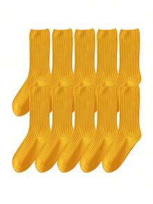 10 Pairs All Season Basic Solid Color Women Cotton Socks Girl Colorful In Tube Sock Free Size US5-9 - 黃色 - 查看 1