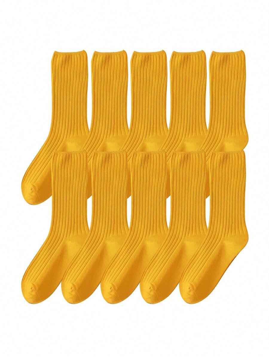 10 Pairs All Season Basic Solid Color Women Cotton Socks Girl Colorful In Tube Sock Free Size US5-9 - 黃色 - 查看 1