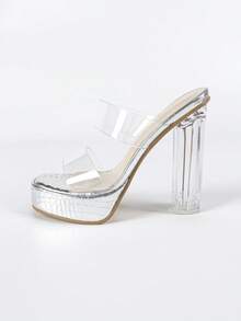 透明绑带超高跟防水台粗跟凉鞋，2025年夏季新款时尚性感百搭高跟鞋女鞋 - 銀色 - 查看 6