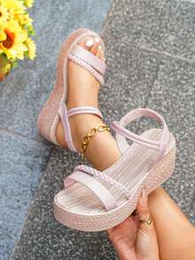 Women's Platform Wedge Sandals, Summer New Casual Vacation Fashion Woven Transparent Open Toe Bohemian Sexy Slippers - Baby Pink - View 3