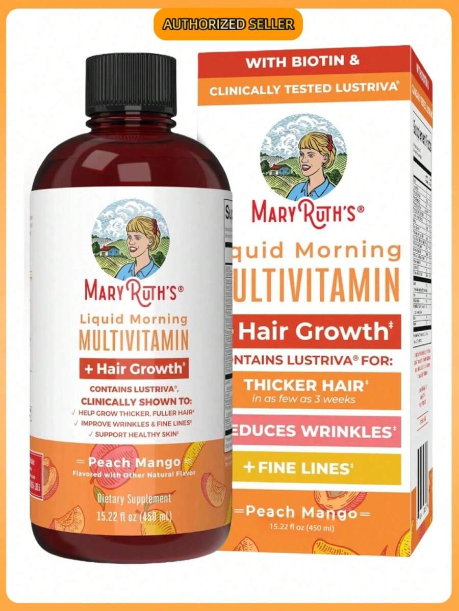 MaryRuth's Hair Growth Liquid Multivitamin – 10,000mcg Biotin + Lustriva™ For Thicker Hair, Skin & Nail Support – Peach Mango – Women's Vegan Beauty Formula – Sugar-Free, 15.22 Fl Oz - Gói 1 - Xem 1