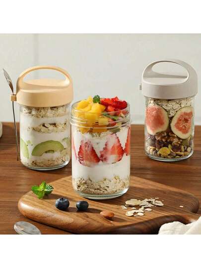 1pc Sealed Glass Yogurt Cup, Overnight Oats Container, Mini Smoothie Cup, Whole Grain With Spoon, Portable Breakfast Cereal Cup, Convenient Carry, Kitchen Supplies, Essential For Halloween, Christmas, Wedding, Kitchen, Holiday, Home, Halloween Decor, Garden, Camping, Travel, Birthday Decor, Birthday, Party Decor, Ideal Gift