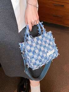 时尚撞色格子手提包，流苏设计休闲斜挎包，厚实零钱包，适合女性日常通勤，春夏季