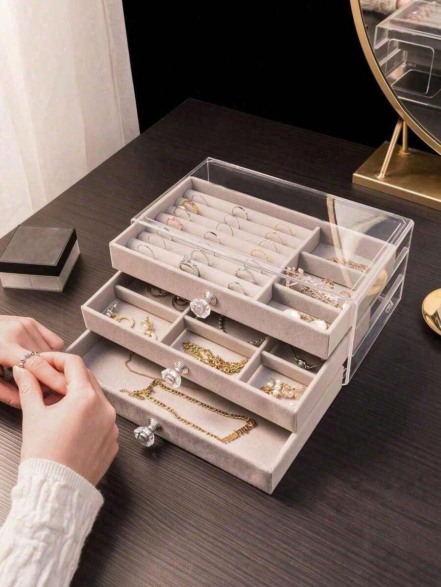 1/2pcs Jewelry Storage Box, Anti Oxidation, Velvet Acrylic High-End Exquisite Jewelry Box, Storage Earrings, Earrings, Necklaces - Multicolor - View 1