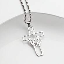 不锈钢基督教十字架吊坠项链，宗教祈祷珠宝，适合男士的礼物 - 銀色 - 查看 2