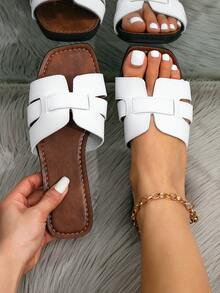 Women's Spring/Summer Fashion Flat Sandals, Cute Beach Slippers, White Minimalist Leather Flat Sandals With Single Strap - White - View 1