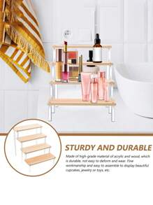 1pc Multi-Tier Makeup Display Stand, Wooden Perfume Storage Rack, Figurine & Craft Display Shelf, Stepped Jewelry Rack, Action Figure Stand And Storage Box, Detachable Divider Durable Plastic Organizer Box For Statuettes, Jewelry, Nail Polish, Glasses - Multifunctional Desktop Storage Shelf For Crafts Exhibition And Home Decor, Small Shelving Unit, Clear View Design, Easy To Clean Materials