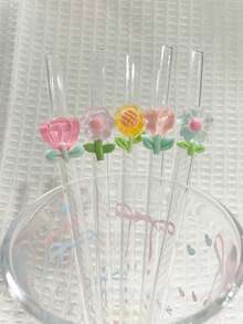 1/2 件花卉装饰耐热玻璃吸管，适合饮用果汁、奶茶、咖啡、冷饮，带有弧形设计和水果装饰、学校用品、礼品、餐厅、露营/旅行/夏季/度假/厨房、学校用品、礼物/情人节。 - 彩色 - 查看 2