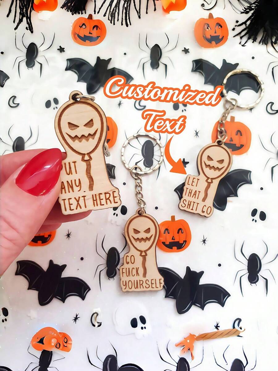 1 件个性化木制邪恶气球万圣节钥匙扣 - 可定制您的文字，怪异时尚的设计，完美的万圣节装饰，高品质，万圣节爱好者的独特礼物 - 彩色 - 查看 1
