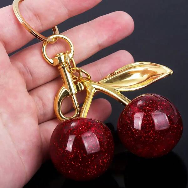 1PC New Arrival Big Cherry-Shaped Bling Resin Pendant | Keychain With Bag Clip | Sparkling Charm For Handbags & Car Keys | Jewelry Gift For Teens, College Students & Office Ladies