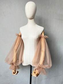 1 件卡其色网眼泡泡袖婚纱（2 件松紧袖）秋季配饰 - 卡其色 - 查看 15