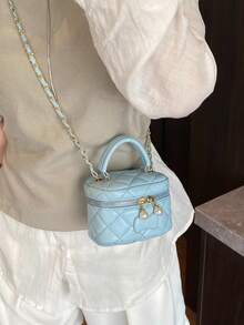 女士时尚 PU 手提包，菱形绗缝迷你斜挎包，配有链条肩带、润唇膏和零钱包，适合春夏季