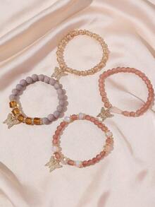 4pcs/Set Bohemian Style Multi-Layer Beaded Crystal Glass Butterfly Pendant Fashion Versatile Bracelet - one-size - View 5