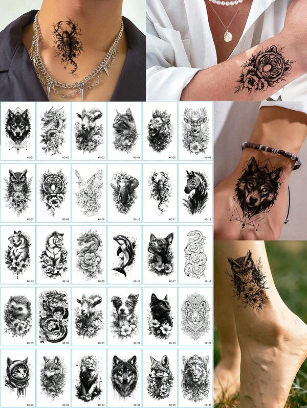 30pcs Small Animal Pattern Tattoo Stickers, Waterproof Temporary Tattoos For Women And Men Hand Body Decor, Disposable Wolf, Tiger, Owl, Lion, Elephant Design Fake Tattoo