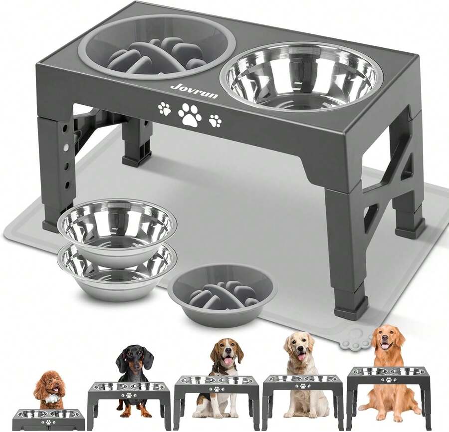 Jovrun Elevated Dog Bowls, Dog Feeder With 2 Stainless Steel Dishes &Amp;1 Slow Feeder Bowl, 5 Heights Adjustable Raised Stand For Medium Large, Food Dishes With Non-Slip Feet - Dành cho chó trung bình lớn có thảm - Xem 1