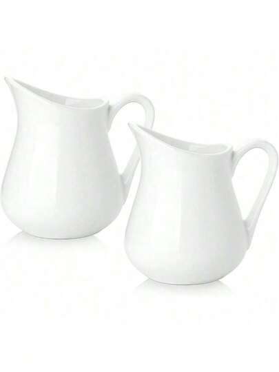 2 Pack 8 Oz White Creamer With Handle, Ceramic Small Creamer Pitcher Set Of 2, Porcelain Small Milk Pitcher For Coffee Sauces Salad Milk, Microwave & Freezer Safe