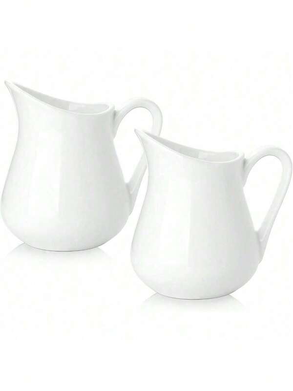 2 Pack 8 Oz White Creamer With Handle, Ceramic Small Creamer Pitcher Set Of 2, Porcelain Small Milk Pitcher For Coffee Sauces Salad Milk, Microwave & Freezer Safe