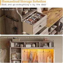 7-In-1 Farmhouse Hall Tree With Bench And Shoe Cabinet, LED Entryway Organizer With 2 Drawers, 12 Shoe Cubbies, Barn Doors And 7 Coat Racks - 灰色 - 查看 3