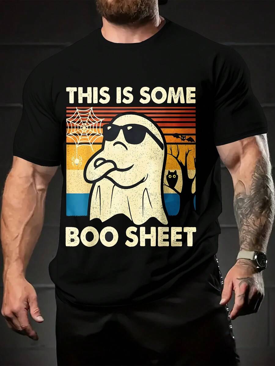 [Camiseta Divertida de Halloween] Camiseta Gráfica Divertida de Halloween para Hombres - "This Is Some Boo Sheet" con Fantasmas de Dibujos Animados | Camiseta Ligera de Verano para Gimnasio, Atuendos Casuales y Fiestas de Disfraces - Negra con Accesorios Naranja y Azul - Top de Cuello Redondo de Ajuste Regular para Adultos y Adolescentes, Ropa de Halloween, Atuendo de Gimnasio, Diseño Juguetón, Tela Transpirable, Manga Corta, Ropa para Adolescentes, Actividades al Aire Libre, Estampado de Dibujos Animados, Material Cómodo, Top Estampado, Ropa para Adolescentes - negro - Ver 1