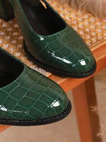 女士加大码粗跟圆头时尚高跟鞋，性感休闲派对婚礼高跟鞋，绿色时尚正装凉鞋，秋季、秋季、春夏 - 墨綠色 - 查看 7