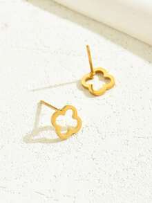 1 par de pendientes tipo botón vintage con trébol y copo de nieve para mujeres, pendientes de cartílago simples y versátiles - Amarillo Oro - Ver 4