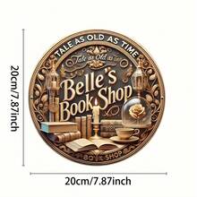 8x8 英寸复古金属墙面艺术标牌 - “Belle's Book Shop”，舒适的咖啡馆设计，配有书籍、灯具和花卉装饰 - 易于悬挂，耐用的金属结构，适用于卧室、厨房、餐厅、酒吧 - 非常适合家居、办公室或礼品装饰，复古咖啡馆设计，书籍装饰，房间装饰 - 彩色 - 查看 3