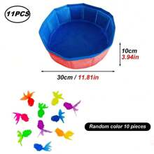 Ensemble de 11 pièces Piscine interactive portative pliable pour animaux de compagnie avec jouets de poisson, jouets de poisson de couleur aléatoire convenant aux chats et aux chiens toute l'année