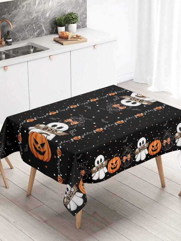 1pc Black Halloween Decoration Rectangular PVC Tablecloth, Halloween Party Decorations Table Cover, Pumpkin Boo Ghost Black Cat Design Polyester Table Cloth,Happy Halloween Decorations,Halloween Party Decor,Trick Or Treat Decorations For Halloween, Home Decor, Horror Themed Family Festival Party Decor,Table Decor,180x140/220*152Cm
