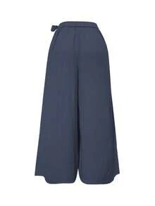 女士休闲优雅阔腿裤，采用粗纺面料，高腰设计，配有松紧腰带和侧边系带，适合春夏穿着。 - 藏藍 - 查看 5