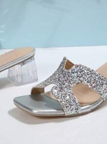 Teenage Girls' Low-Heel Sandals, Silver Glitter Material Suitable For Beach, Vacation, Ball, Party, Summer Fashion Slippers