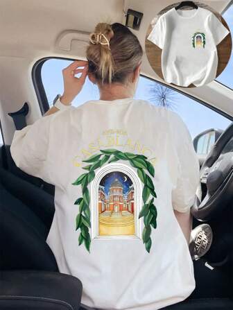 Maglietta casual estiva oversize da donna con stampa di lettere bianche e castello, collo rotondo, vestibilità ampia