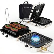 Estufa de camping de 2 quemadores de propano AFFLUENT con parrilla y bolsa de transporte. Un Must Have para la estufa de camping de propano plegable con dos quemadores ajustables, ideal para camping, BBQ en blanco - Blanco - Ver 1