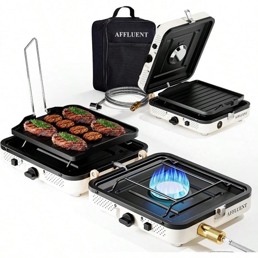 Estufa de camping de 2 quemadores de propano AFFLUENT con parrilla y bolsa de transporte. Un Must Have para la estufa de camping de propano plegable con dos quemadores ajustables, ideal para camping, BBQ en blanco - Blanco - Ver 1