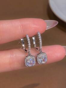 1 Đôi bông tai khoen hình học lấp lánh đính đá Zirconia, trang sức nữ, bông tai tinh tế bằng bạc sterling 925, trang sức cao cấp, quà tặng trang trí tiệc. - Bạc - Xem 3