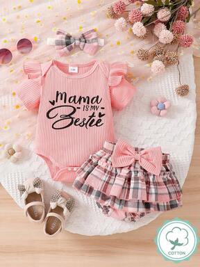 Summer 3 Pieces Set For Baby Girls: Round Neck Ruffle Trim Short Sleeve Bodysuit With Letter Print, Cute Ruffle Hem Plaid Shorts And Plaid Headband