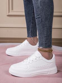 White Lace-Up Flat Sneakers, Fashionable, Comfortable, Breathable Casual Shoes For Students, New Summer Campus Style For Women, Pure White