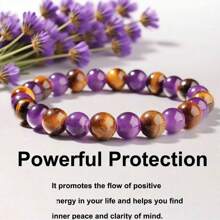 Pulsera de 8 mm de piedras de amatista y ojo de tigre para mujer | Joyería apilable, alivio de la ansiedad, ayuda para dormir, regalo de amuleto de buena suerte