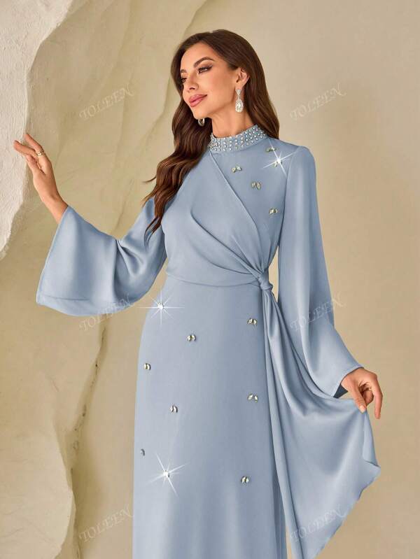 Women's Solid Color Mandarin Collar Pearled Neckline, Elegant Long Length, Side Tie Satin Chic Dress