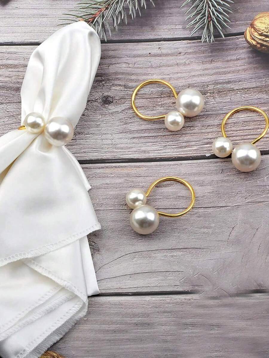 1-12pcs Luxury Hotel & Restaurant Table Decor Pearl Napkin Rings, Suitable For Wedding, Holiday Dinner Table Decoration